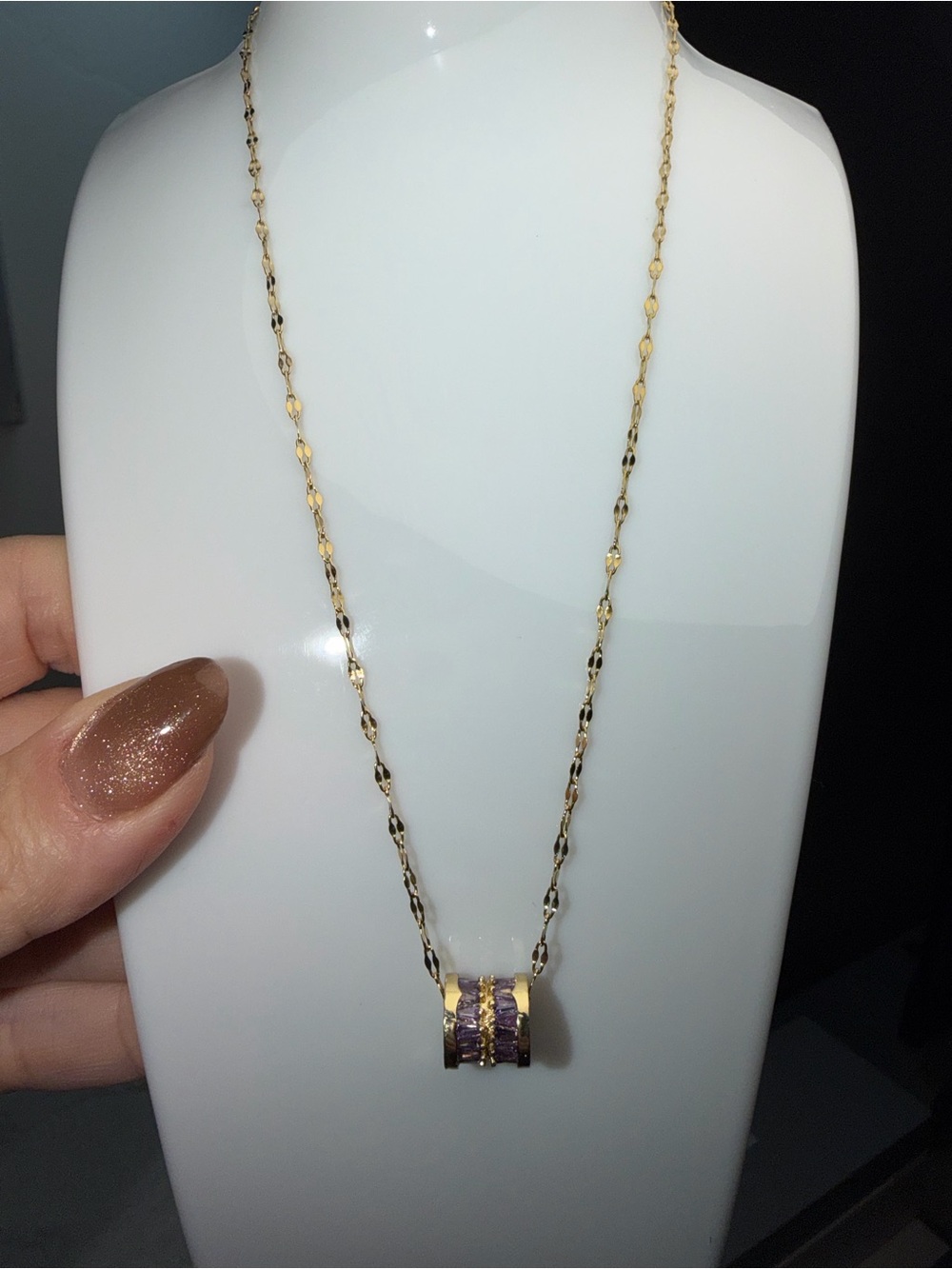 Gold Chain Necklace with Purple Stone Barrel Pendant -